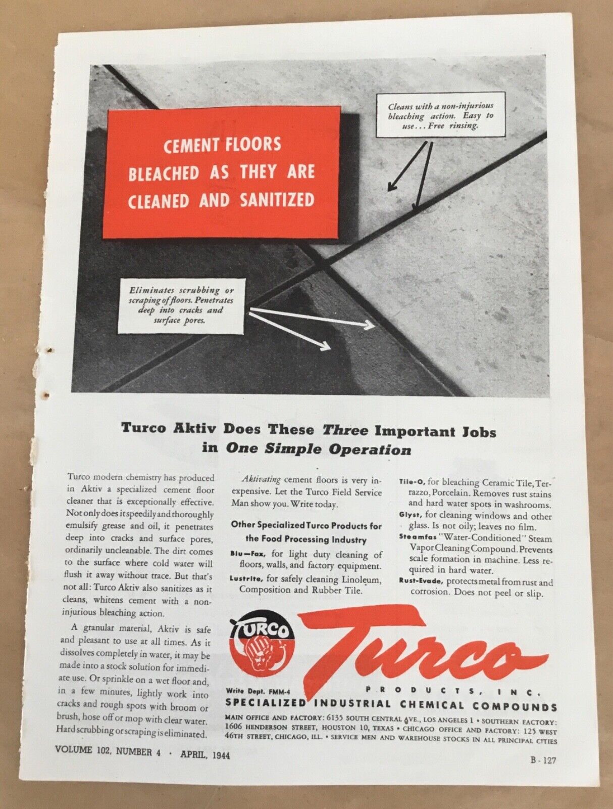 Turco chemical print ad 1944 vintage 40s factory equip industrial supplies floor