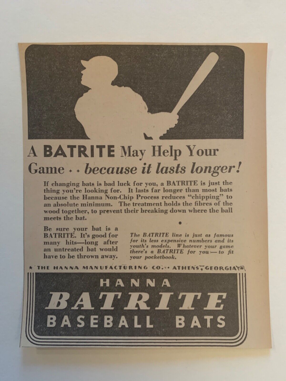 Hanna Batrite Baseball Bats Athens Georgia 1935 Baseball Advertisement #3