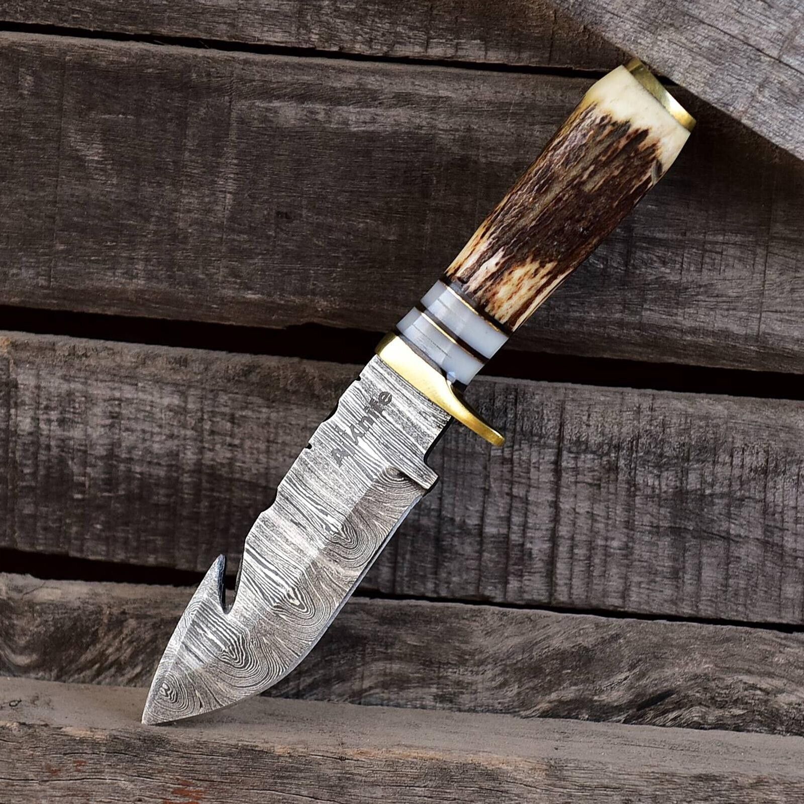 Stag Horn Antler knife Hunting Damascus Steel Survival Skinning gut hook blade 