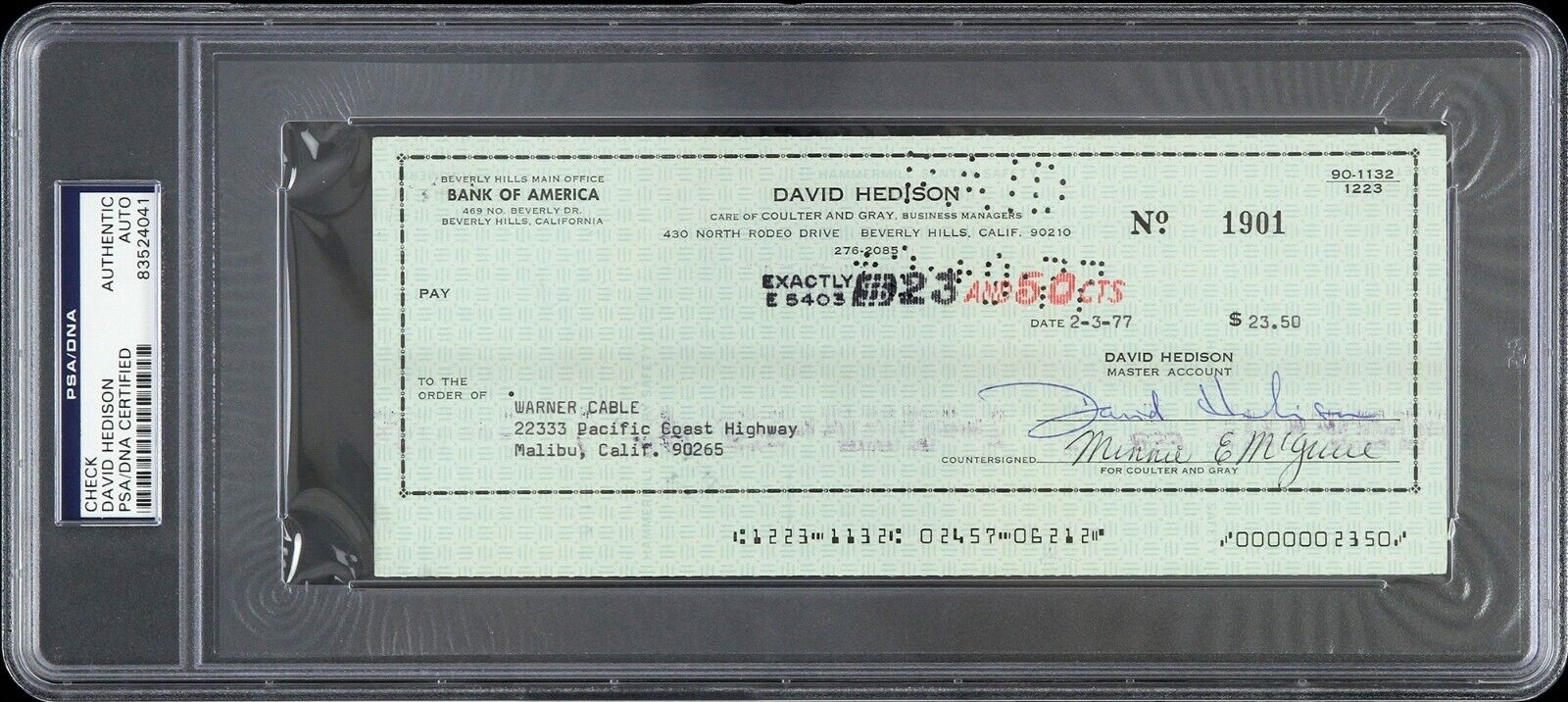 1977 David Hedison The Fly Signed Check (PSA/DNA Slabbed)