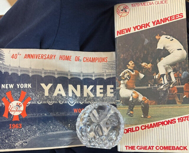 3 Yankee Treasures: 2009 Waterford Crystal WS Baseball, 1979 guide, 1963 Program