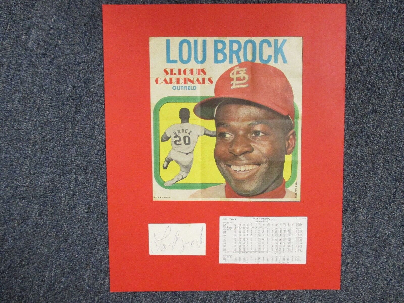 LOU  BROCK  14 X 17 Display(w/Trimmed  Signed  index card &  1970  Topps  Poster