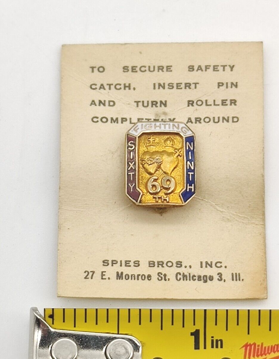 Rare VTG WW2 NY FIGHTING 69TH PIN Infantry New York Army 10k Gold Filled + Paper