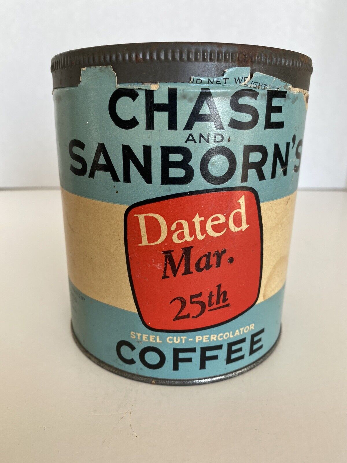 Vintage Chase & Sanborn\'s Coffee Tin Can, Dated March 25th, Standard Brands, NY