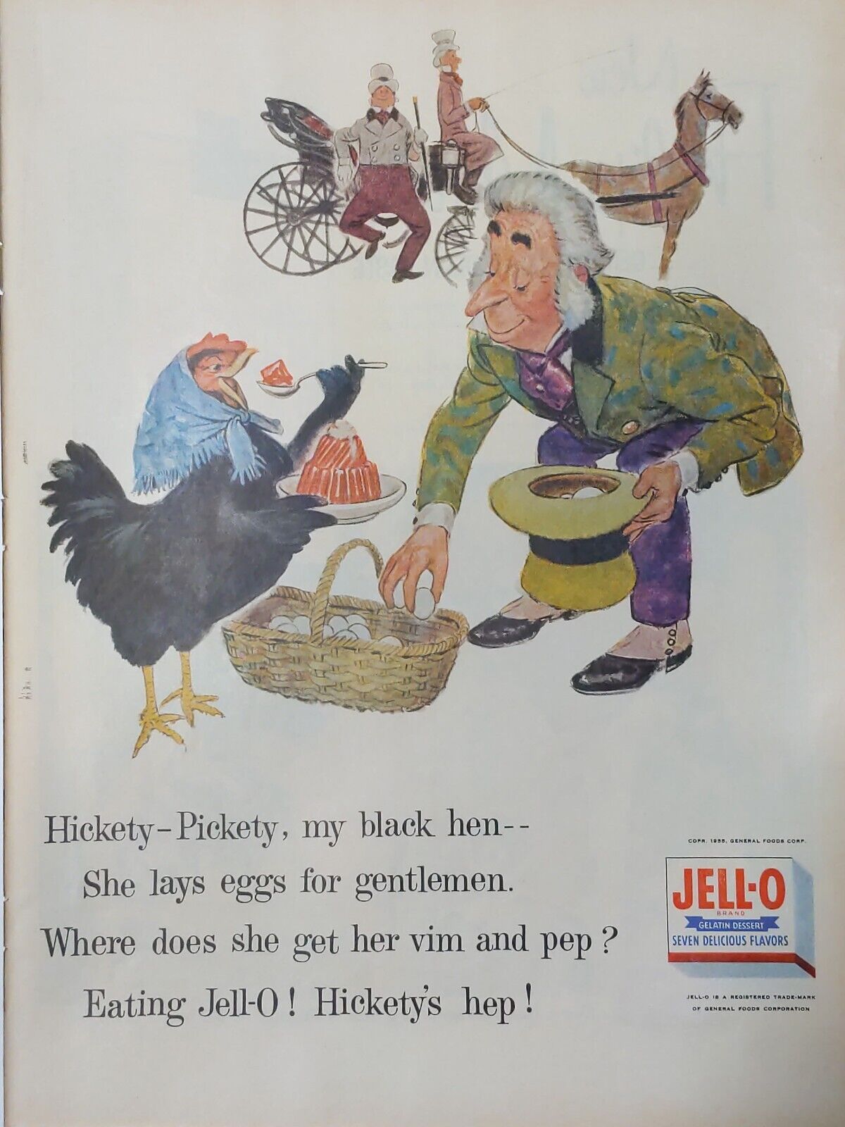 1955 vintage Jello print ad.  Hickety Pickety, my black hen