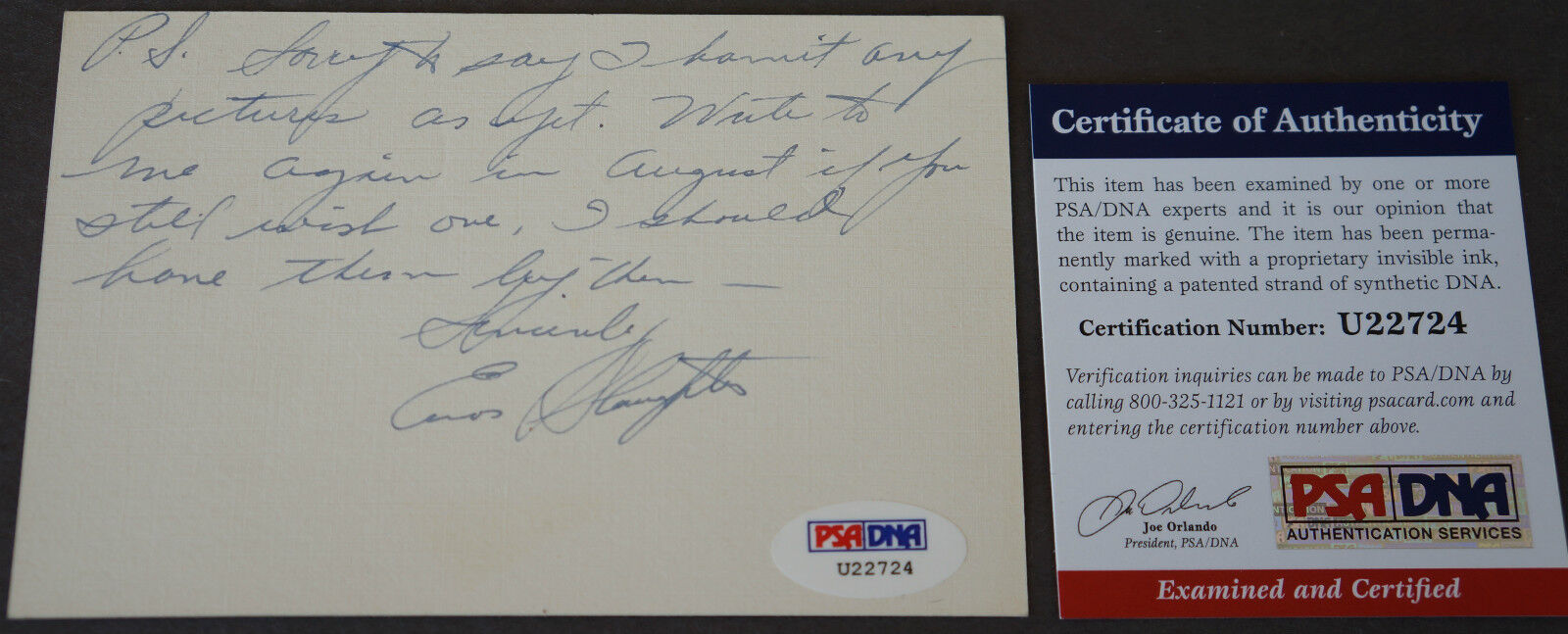 ENOS SLAUGHTER Signed Twice On 3x5 handwritten Special Note PSA/DNA Auto HOF