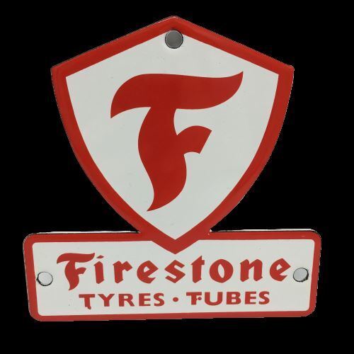 Vintage Sign Firestone Tires White Red Metal Enamel Gas Station Deco 5 x 5\
