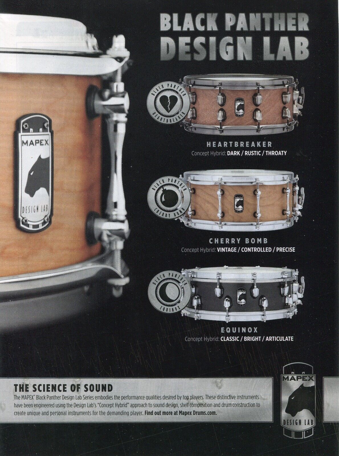 2017 Print Ad of Mapex Black Panther Design Lab Snare Drums Heartbreaker Equinox