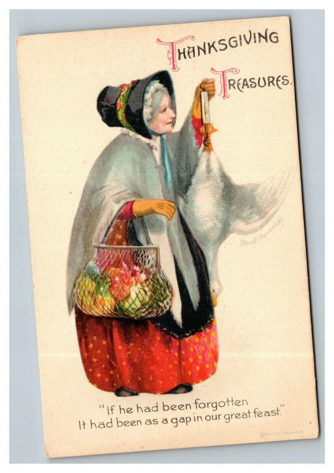 Vintage 1910\'s Ellen Clapsaddle Thanksgiving Postcard Grandmother Goose Fruit