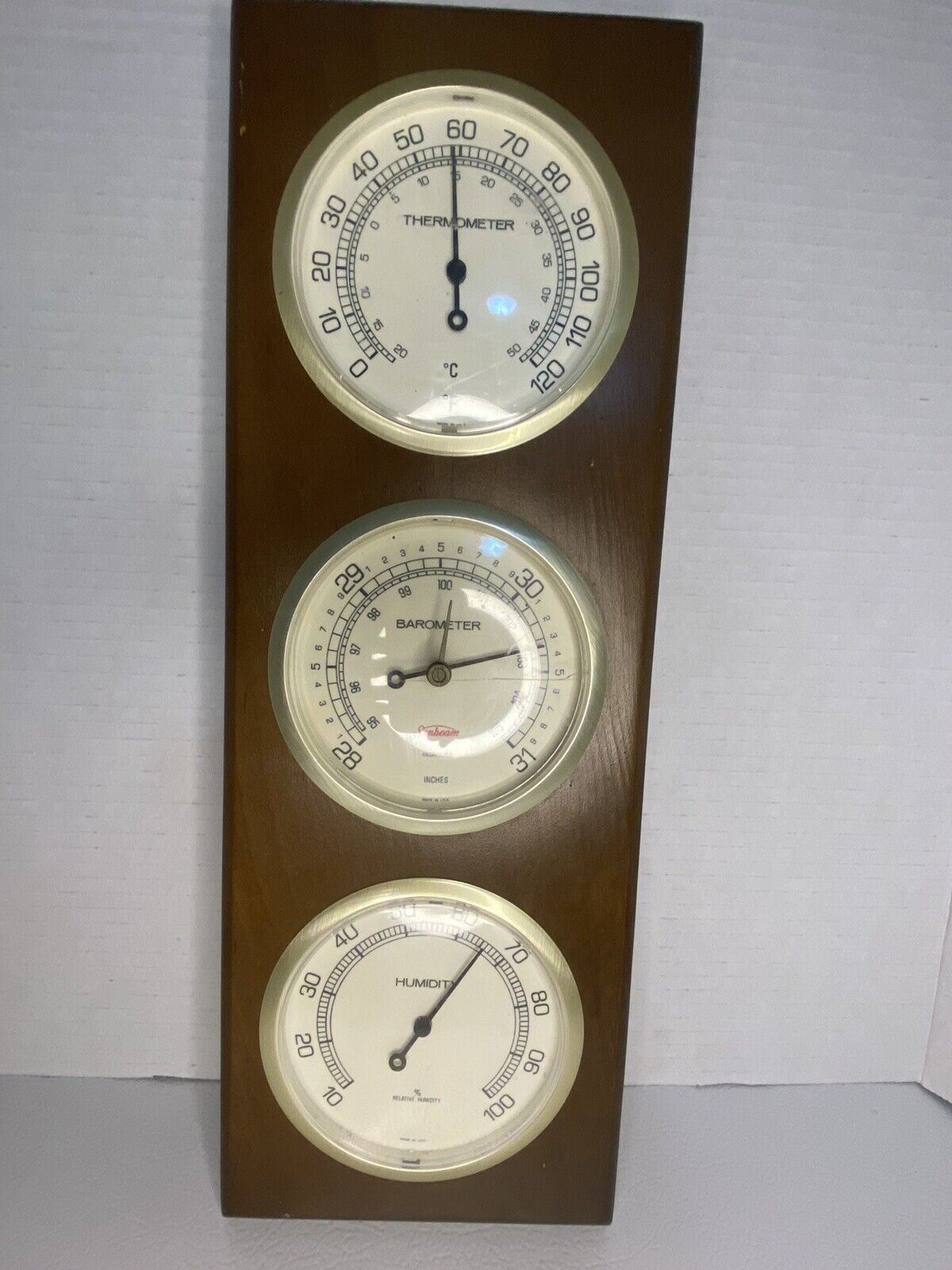 Vintage Sunbeam Barometer Thermometer Humidity Weather Center Solid Wood