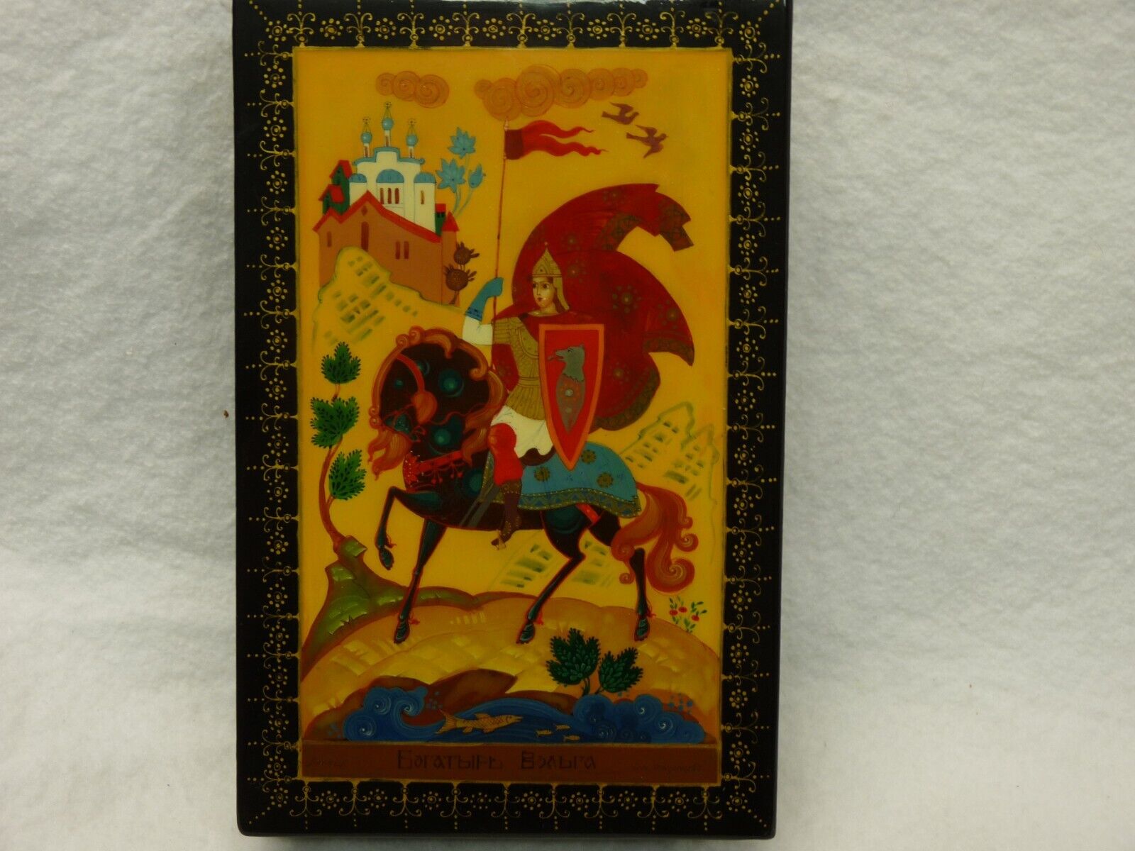 Russian Hand Painted Lacquer Wooden Trinket Jewelry Box women Warrior Signed