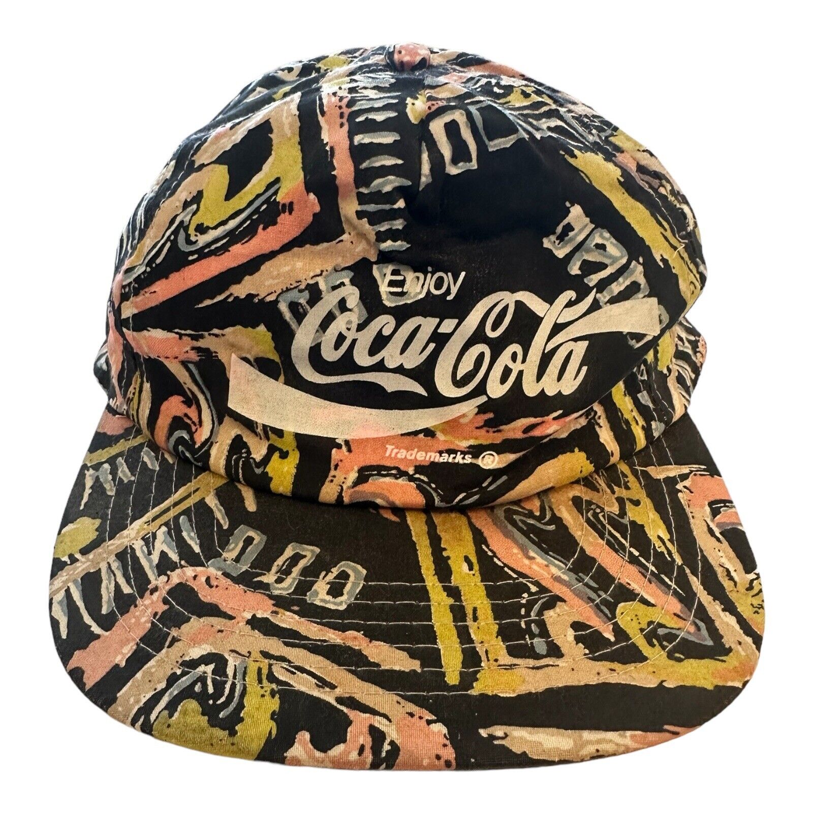 Vintage Coca Cola Snap Back Hat Scribbles All Over 1980's Abstract Print Retro