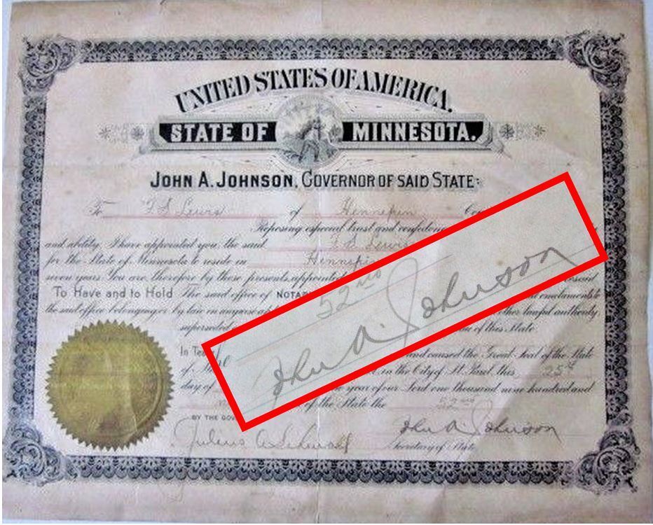 1909 John A. Johnson Minnesota Governor Hand Signed Certificate Seal SUPER RARE 
