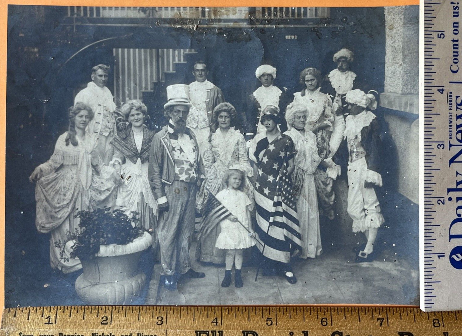 Vintage Photo Halloween (?) Uncle Sam/ 12 People in Costume American Flag Dress