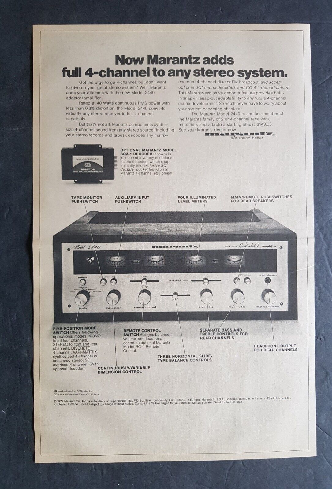 Marantz Model 2440 Amplifier Promo Print Advertisement Vintage 1972