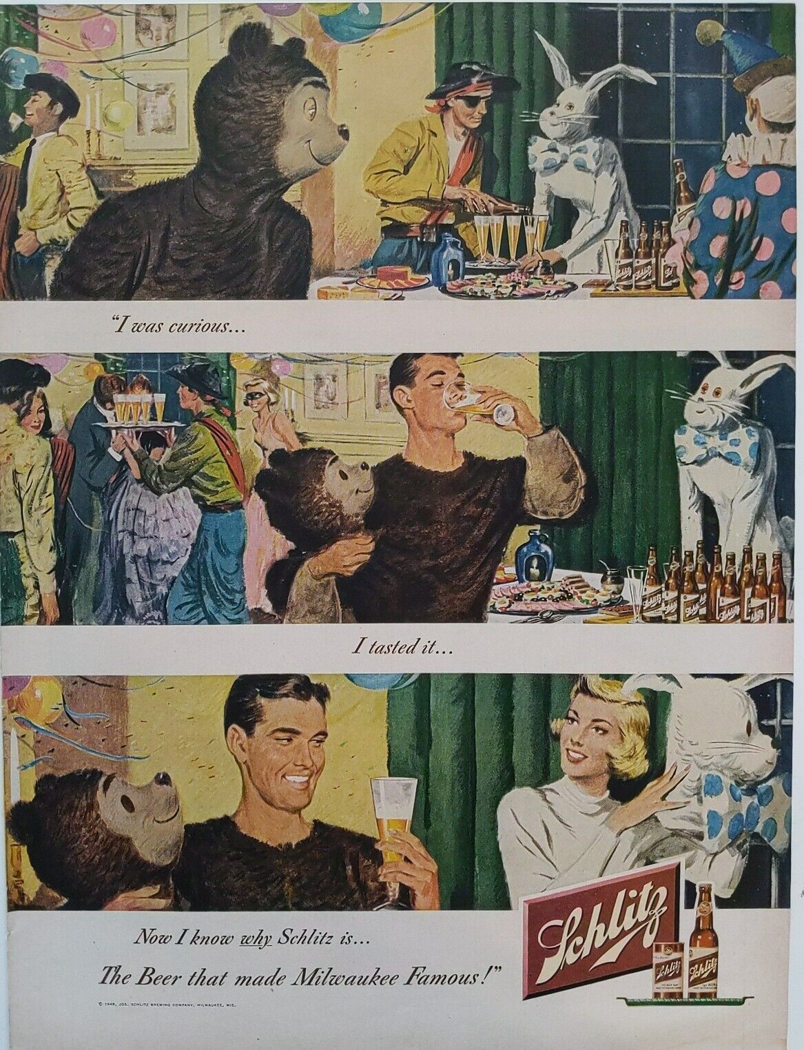 1949 vintage Schlitz beer ad. the beer that made Milwaukee famous, retro art