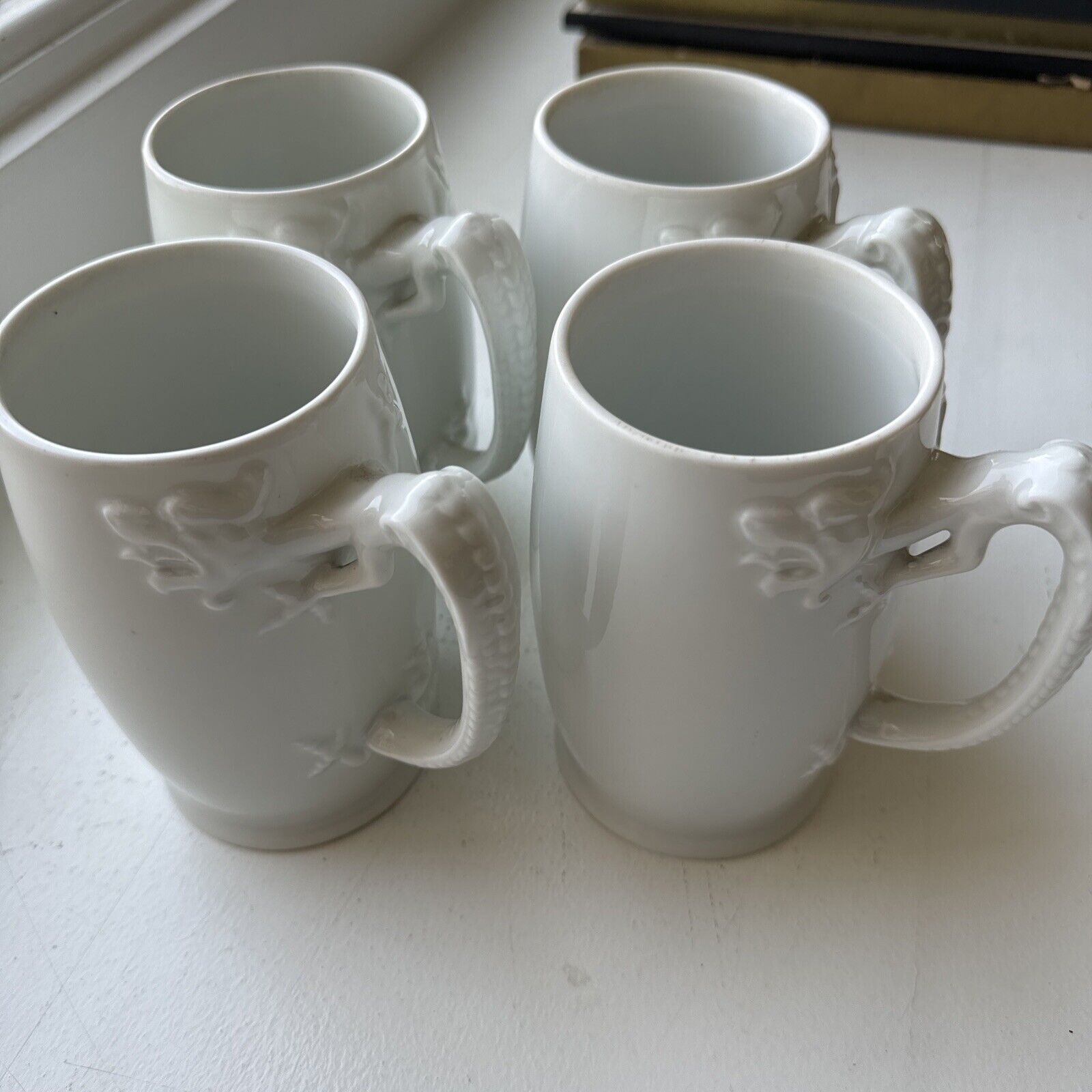 Set Of 4 Antique J & C Dragon Handle Mugs German RARE All White