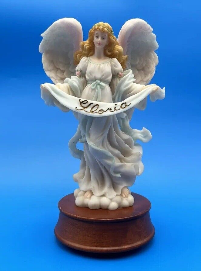 Beautiful Angel Figurine “Gloria” By Roman Inc Wooden Base Music Box 9” Tall