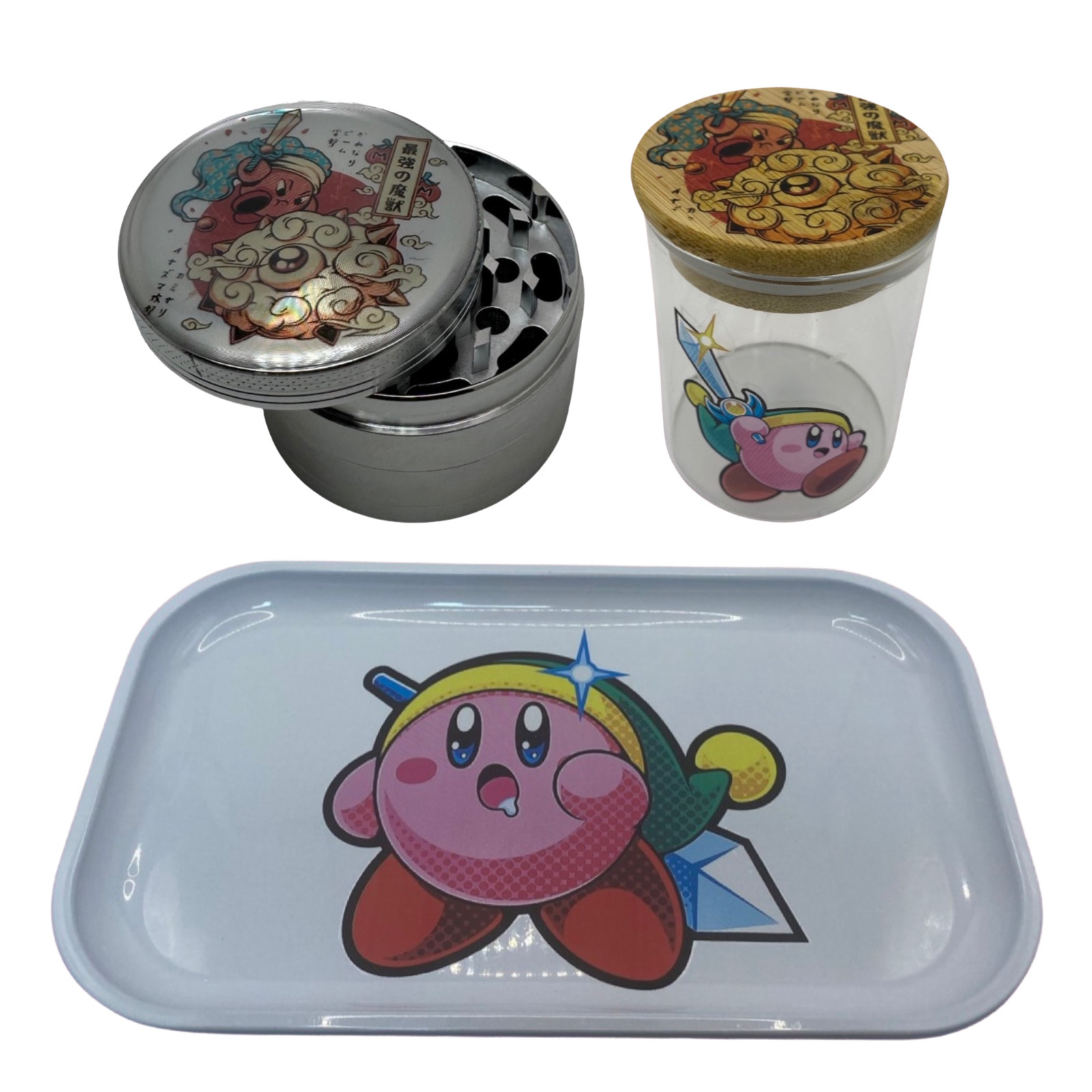 Pink Eating Monster Cartoon Videogame Herb Grinder, Stash Jar, Rolling Tray Set