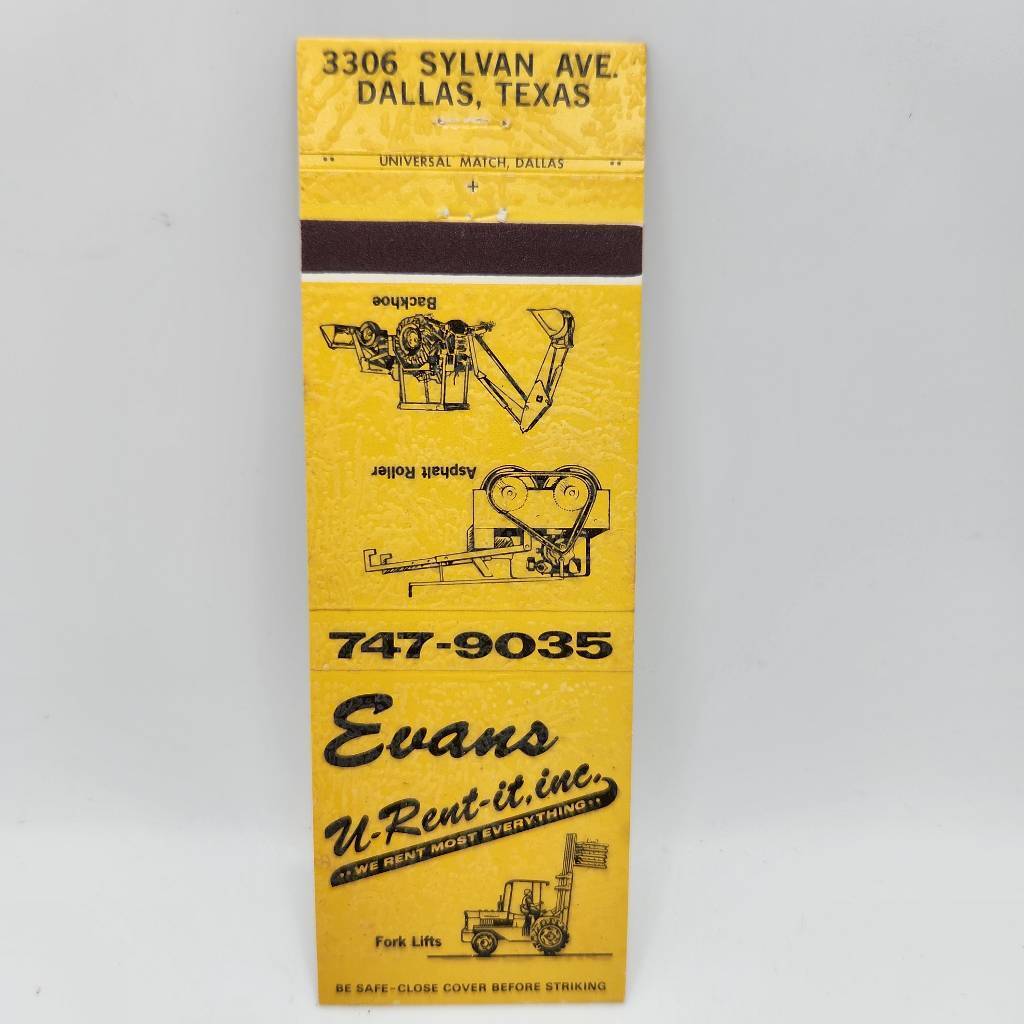 Vintage Matchbook Evans U-Rent-It Equipment Rental Dallas Texas