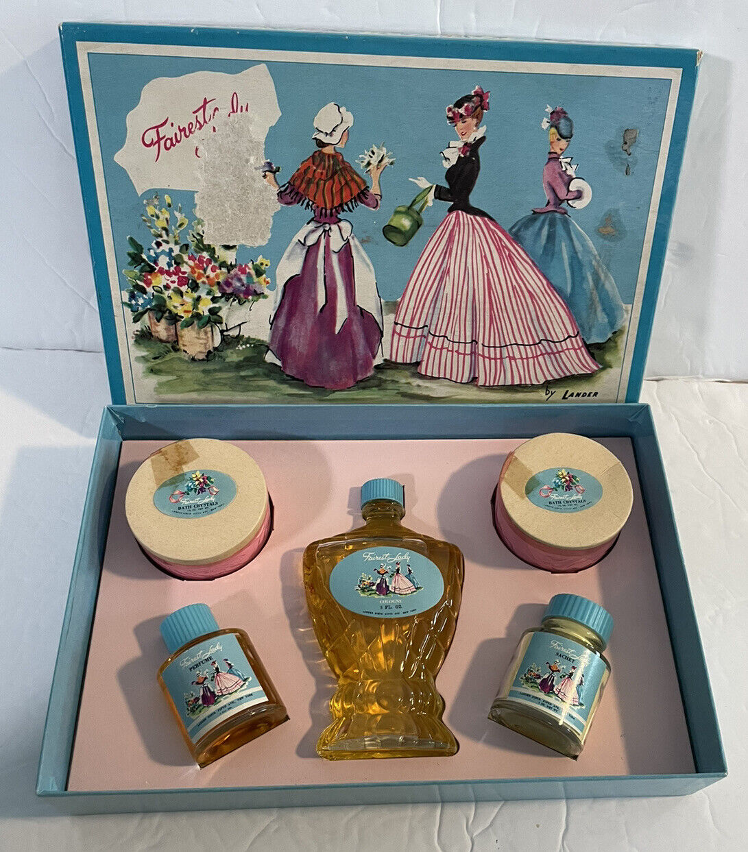 VTG Fairest Lady By Lander Gift Set Perfume Cologne Sachet Bath Crystals NOS