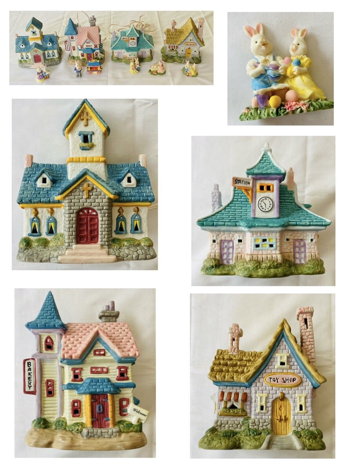 VINTAGE Easter Village Lighted House Buildings & Figurines with Cords 10-Pc Set