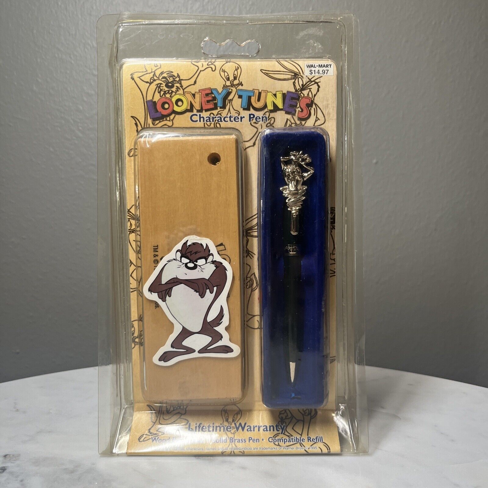 Vintage 1995 Tasmanian Devil TAZ Looney Tunes Ball Point Pen w/ Wood Case Holder