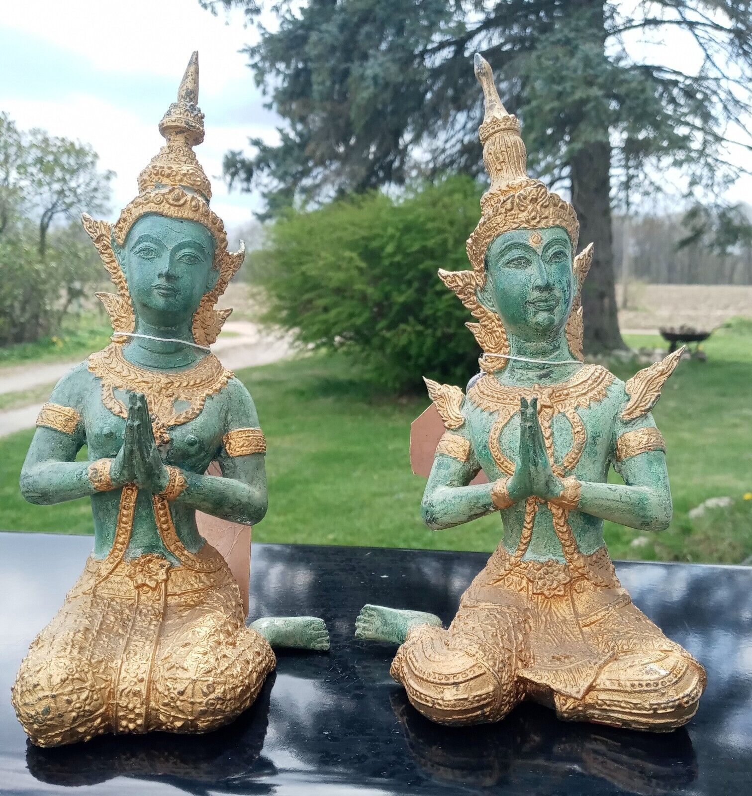Vintage Solid bronze Thai Temple Guardians Statues W/Original Tags Male & Female
