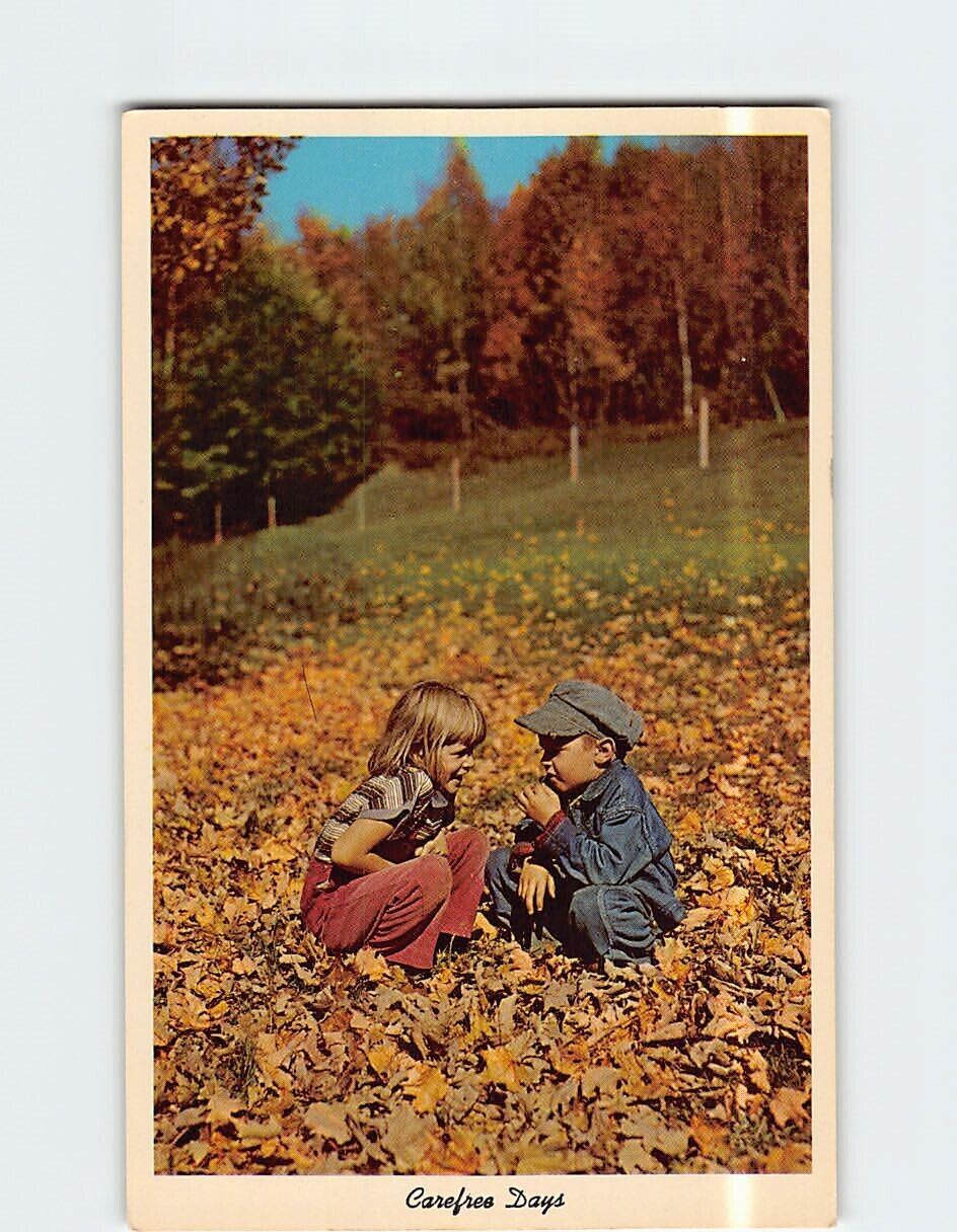 Postcard Autumn Scene Carefree Days Girl and Boy Talking
