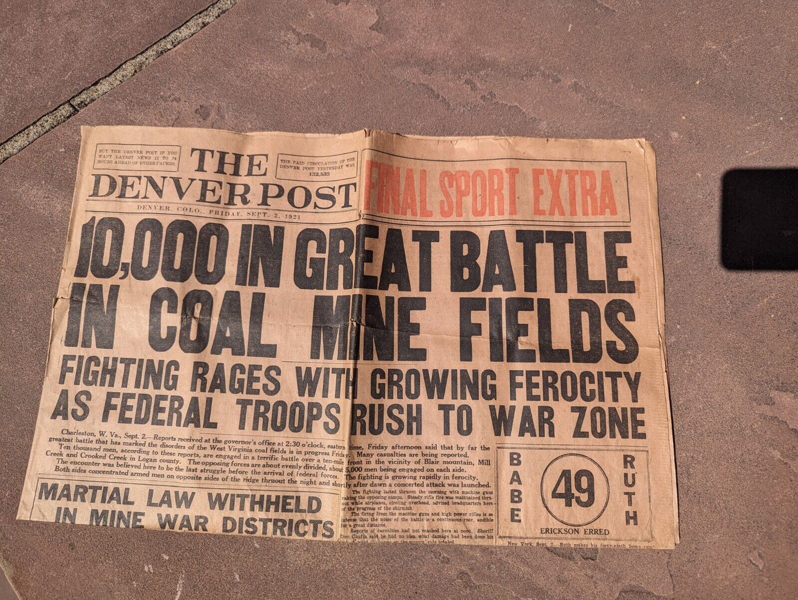Original  Sept 2 1921 Denver Post Babe Ruth Stats Plus Coal Miners Battle $9