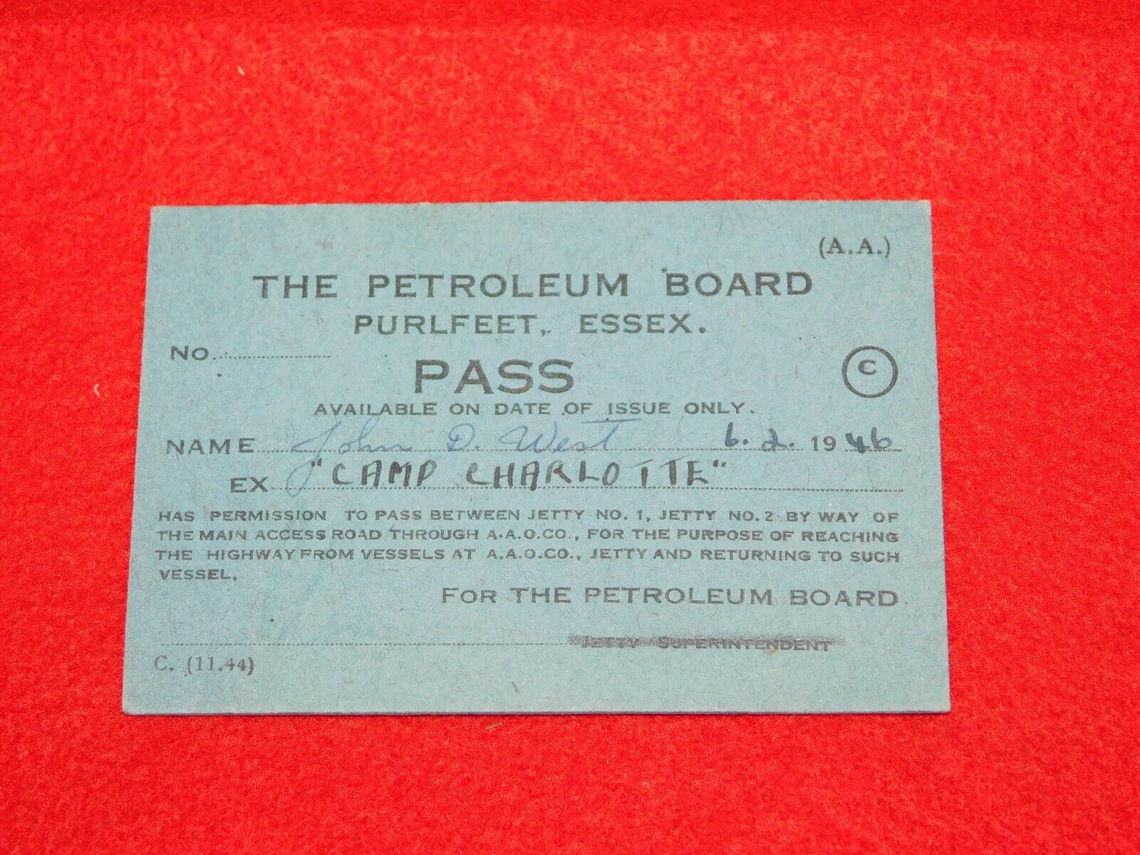 VINTAGE BUSINESS CARD 1946 PETROLEUM BOARD PURLFEET ESSEX PASS