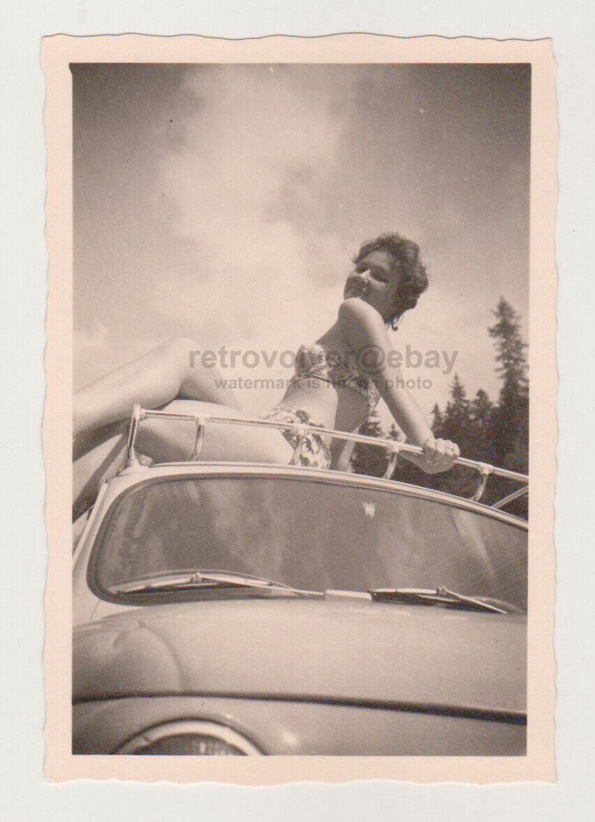 Stunning Bikini Beauty Pretty Attractive Woman on Vintage Car Rooftop Snapshot