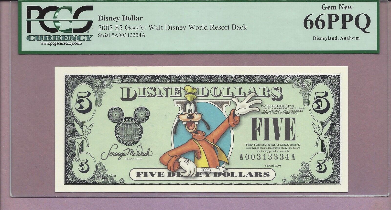 2003 $5 Goofy Disney Dollar PCGS PPQ GEM