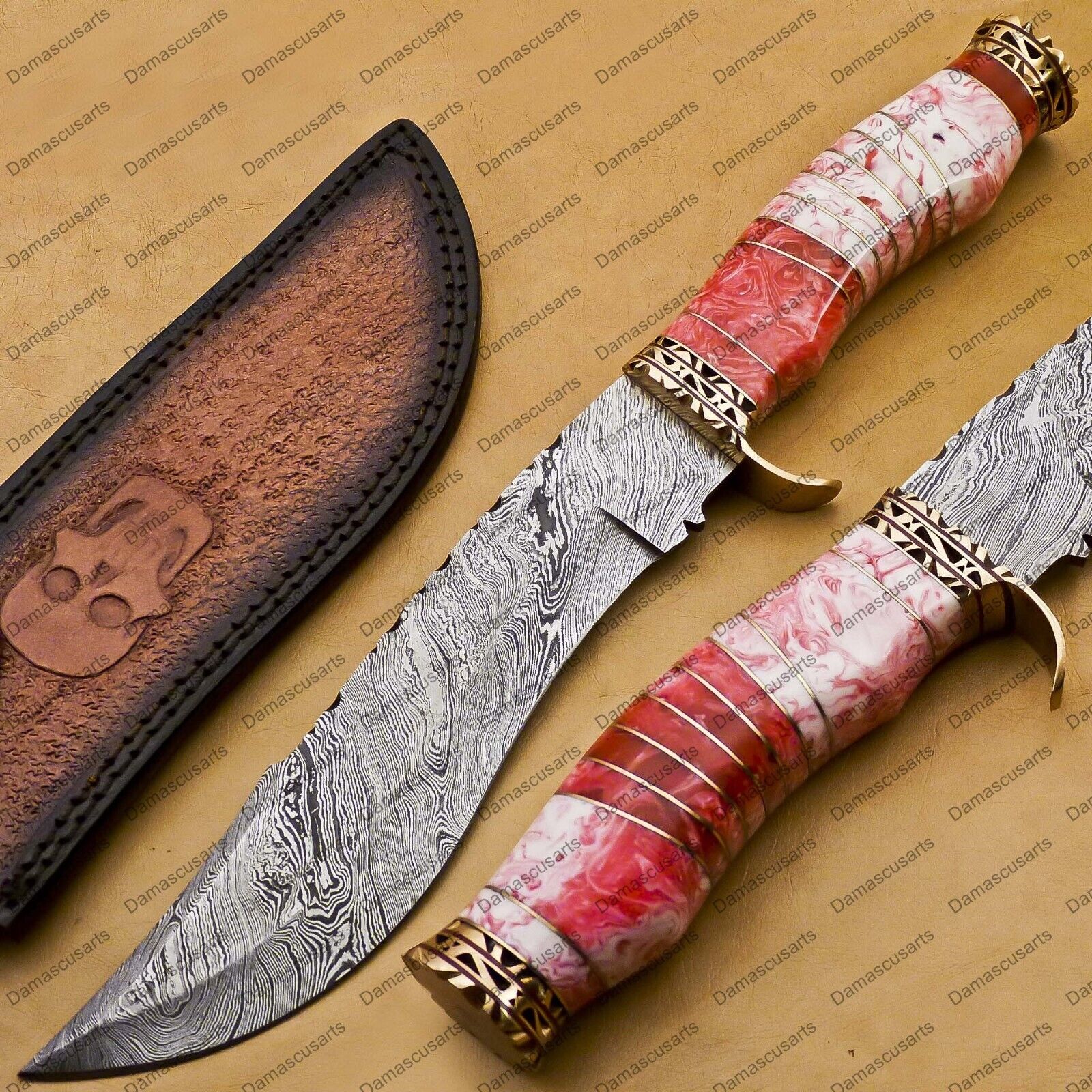 High-End Handmade Damascus Steel Mosaic Bowie Knife Hunting Knife Marble Handle