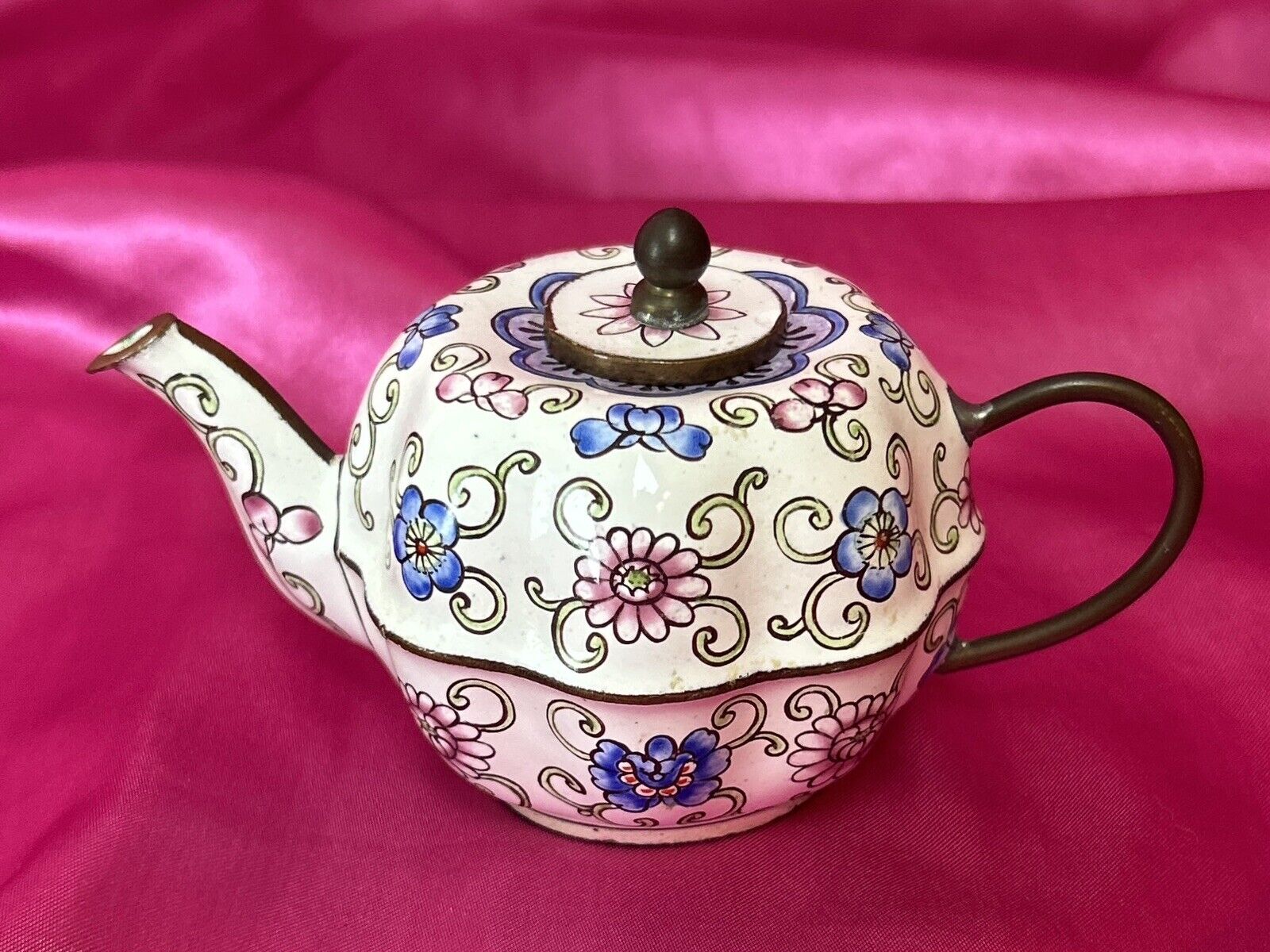 Vintage Miniature Hand Painted Enamel over Copper Teapot Blue Pink Flowers Mums