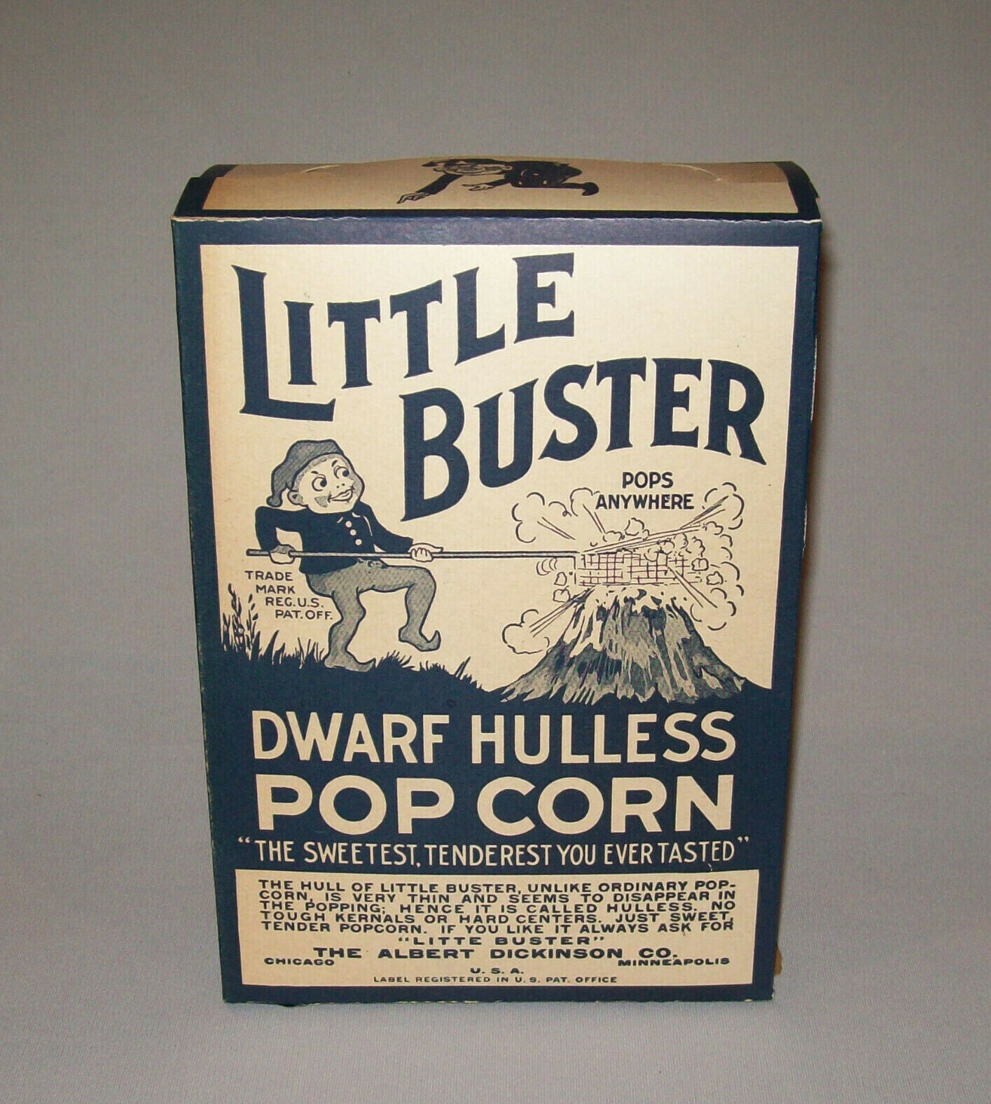 Old Antique Vtg 1920s Little Buster Dwarf Hulless Popcorn Box W/ Brownie Graphic