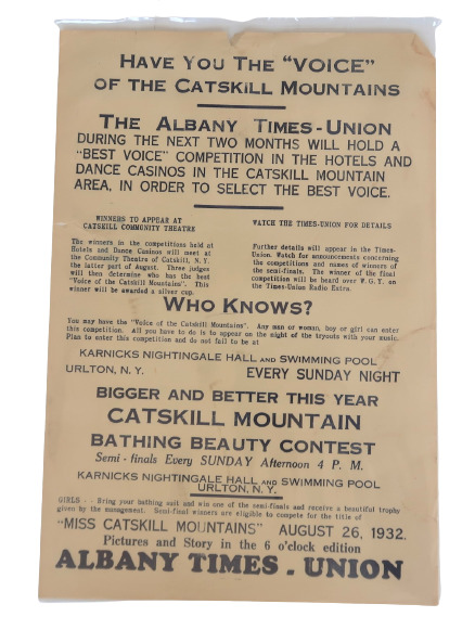 1932 Catskill Mountain Voice & Bathing Beauty Competition Advertising Display
