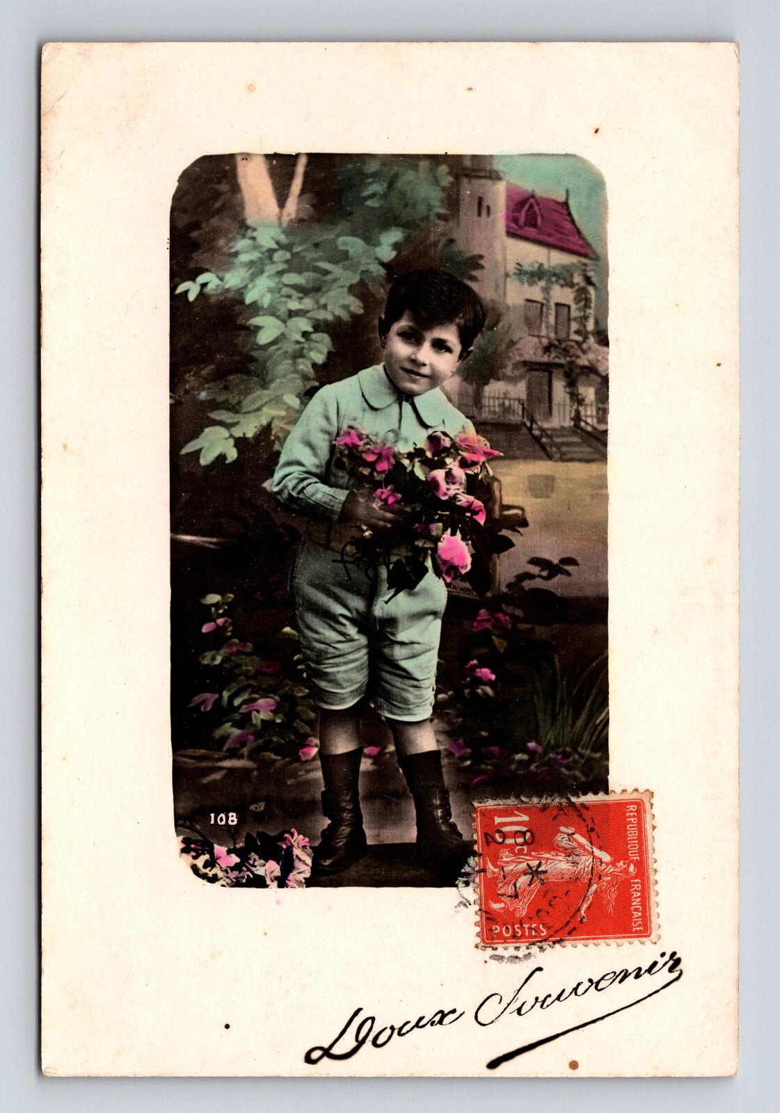 c1911 RPPC Portrait of Young French Boy & Flowers Hand Colored Postcard