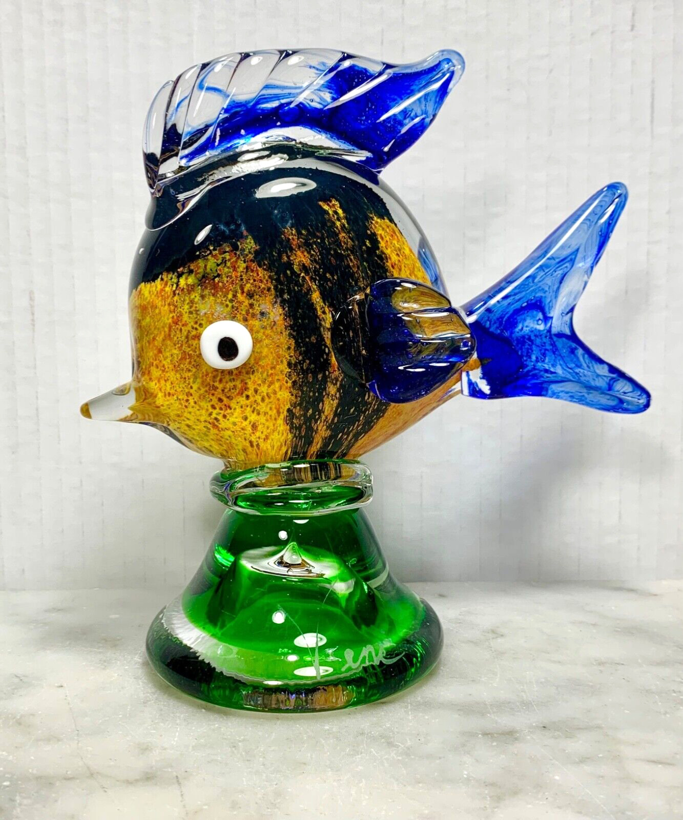 Vintage Murano Art Glass Tropical Fish Figurine 6.5”Tall Signed Dante Veni Italy