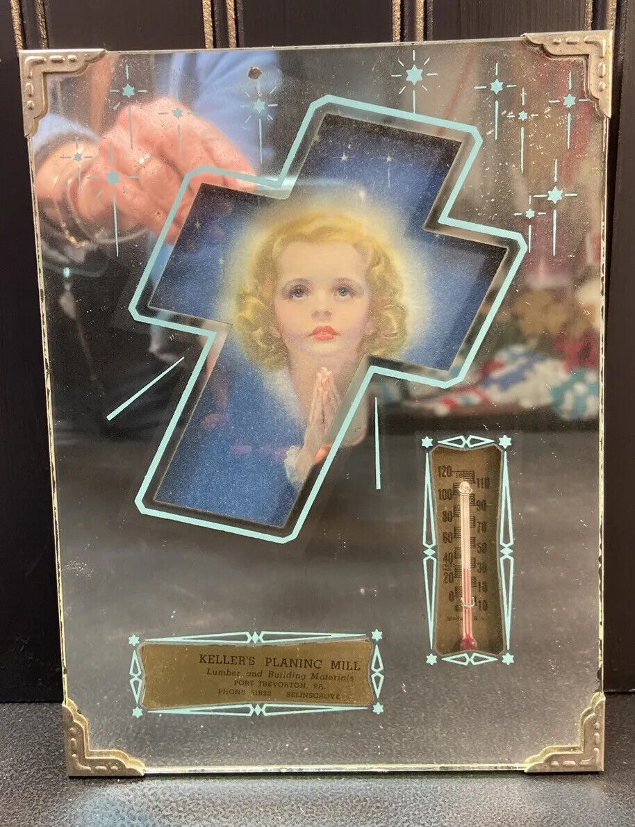 Vtg 1930-40’s ANGEL PRAYING Ad Thermometer Mirror Matting Frame Print Religious