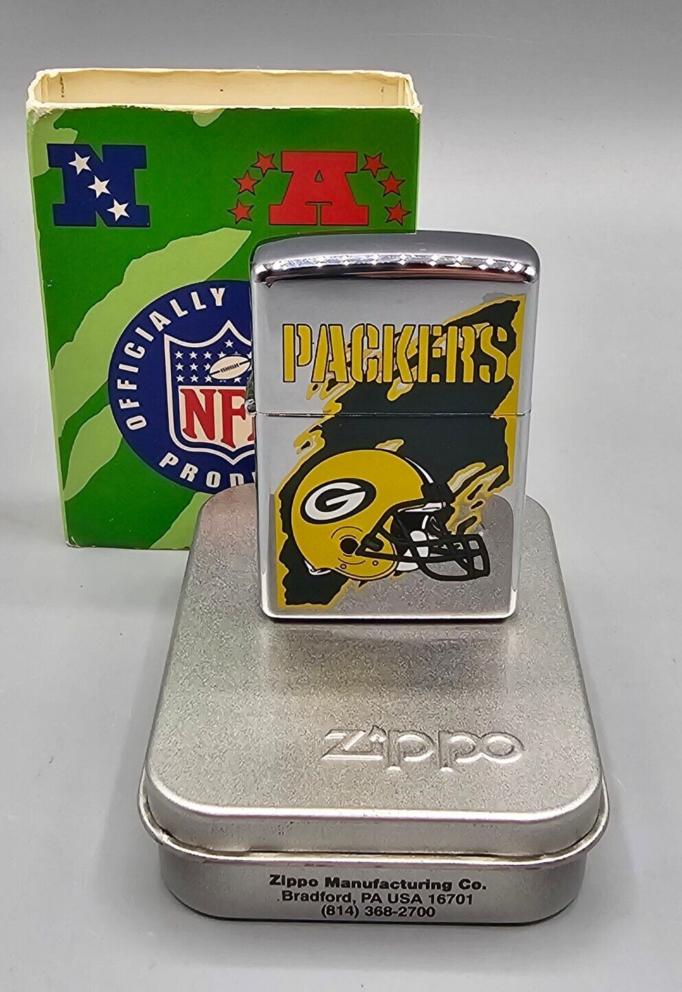 VINTAGE 1997 NFL Green Bay PACKERS Chrome Zippo Lighter #443 - NEW in PACKAGE 