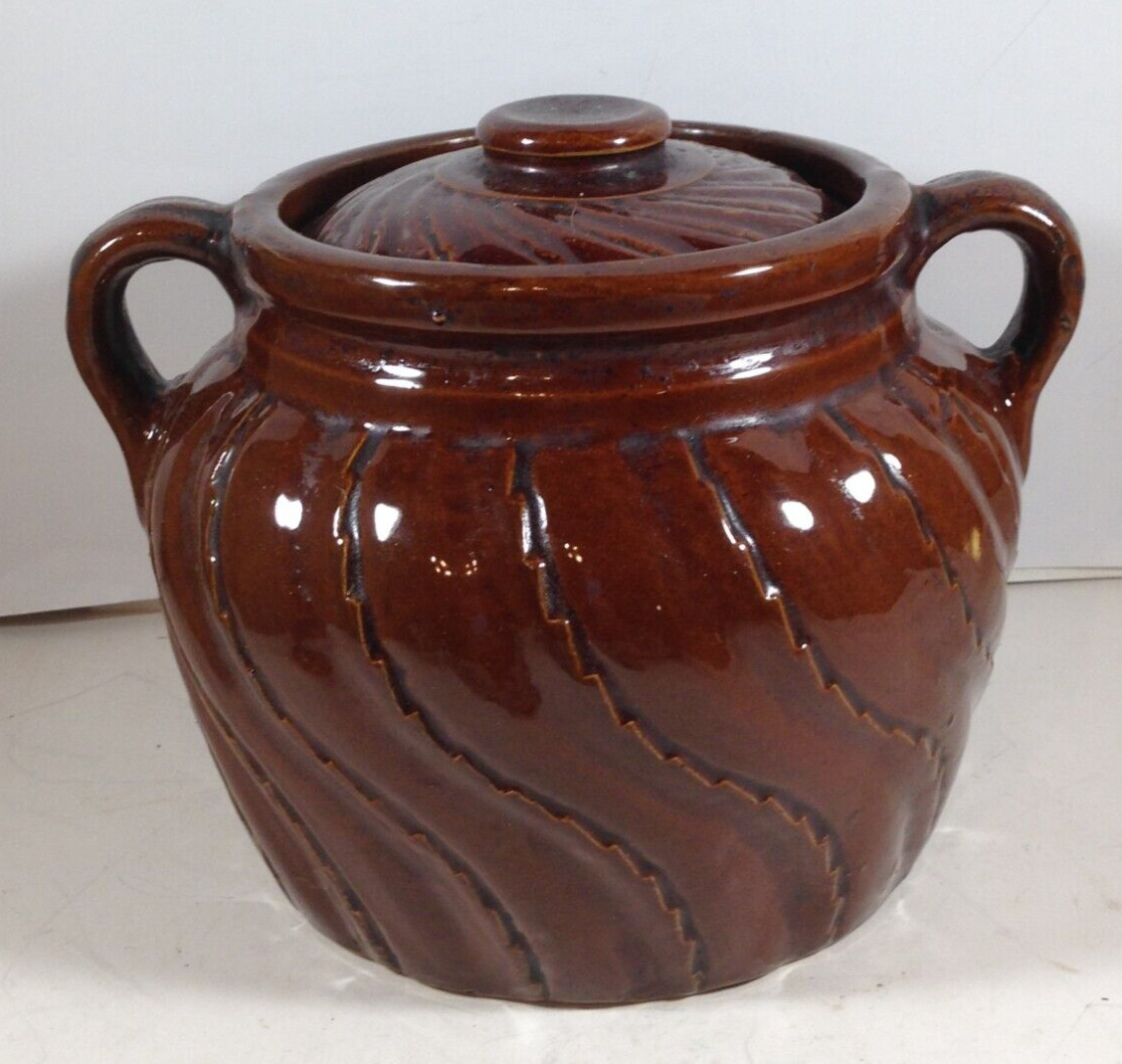 Vintage Brown Glazed Pottery Crock Bean Pot Braided Swirl