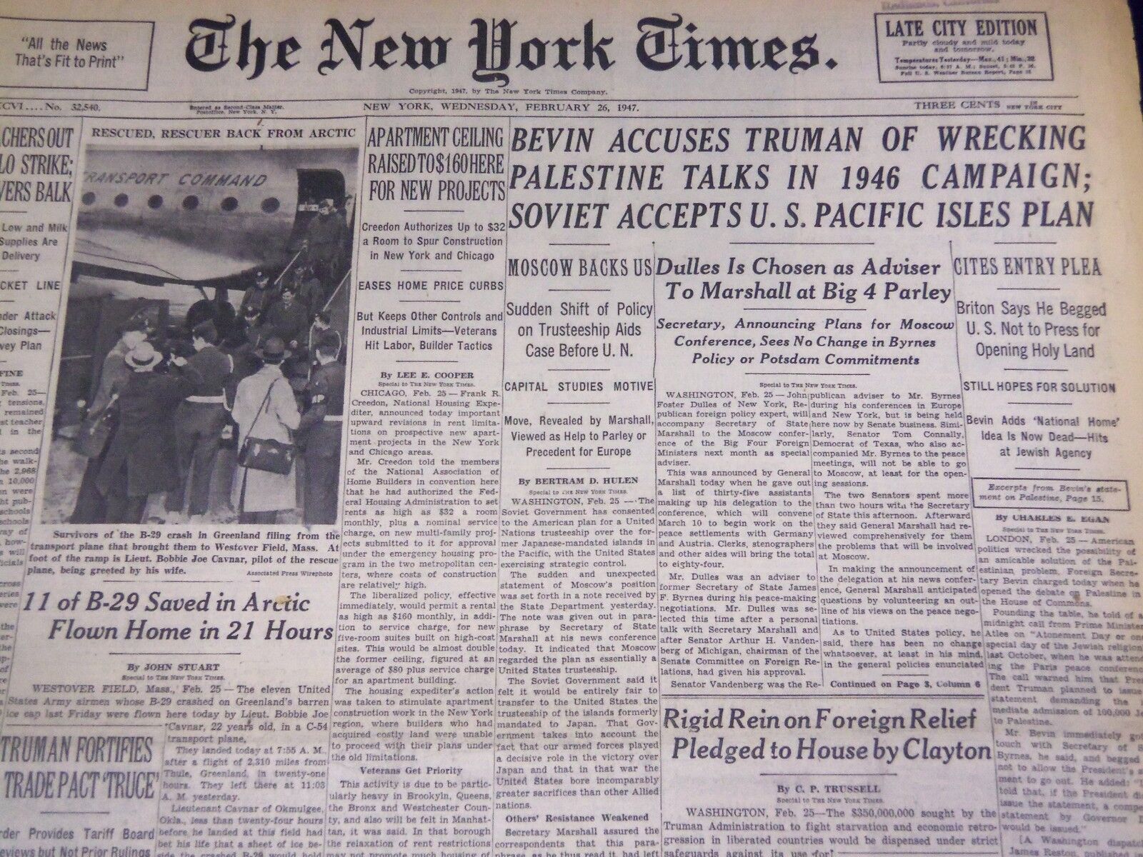 1947 FEB 26 NEW YORK TIMES - BEVIN ACCUSES TRUMAN WRECKING PALESTINE - NT 1412