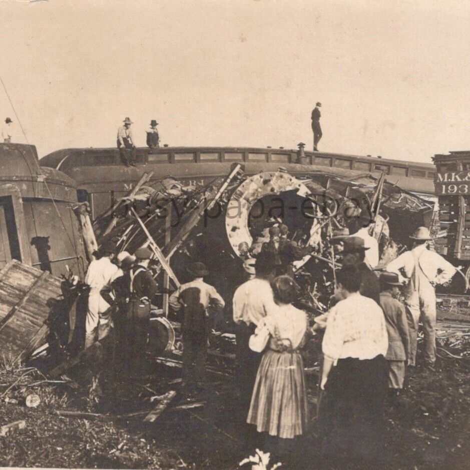 1914 RPPC KATY Missouri Kansas Texas Railroad Train Wreck Postcard Sedalia MO