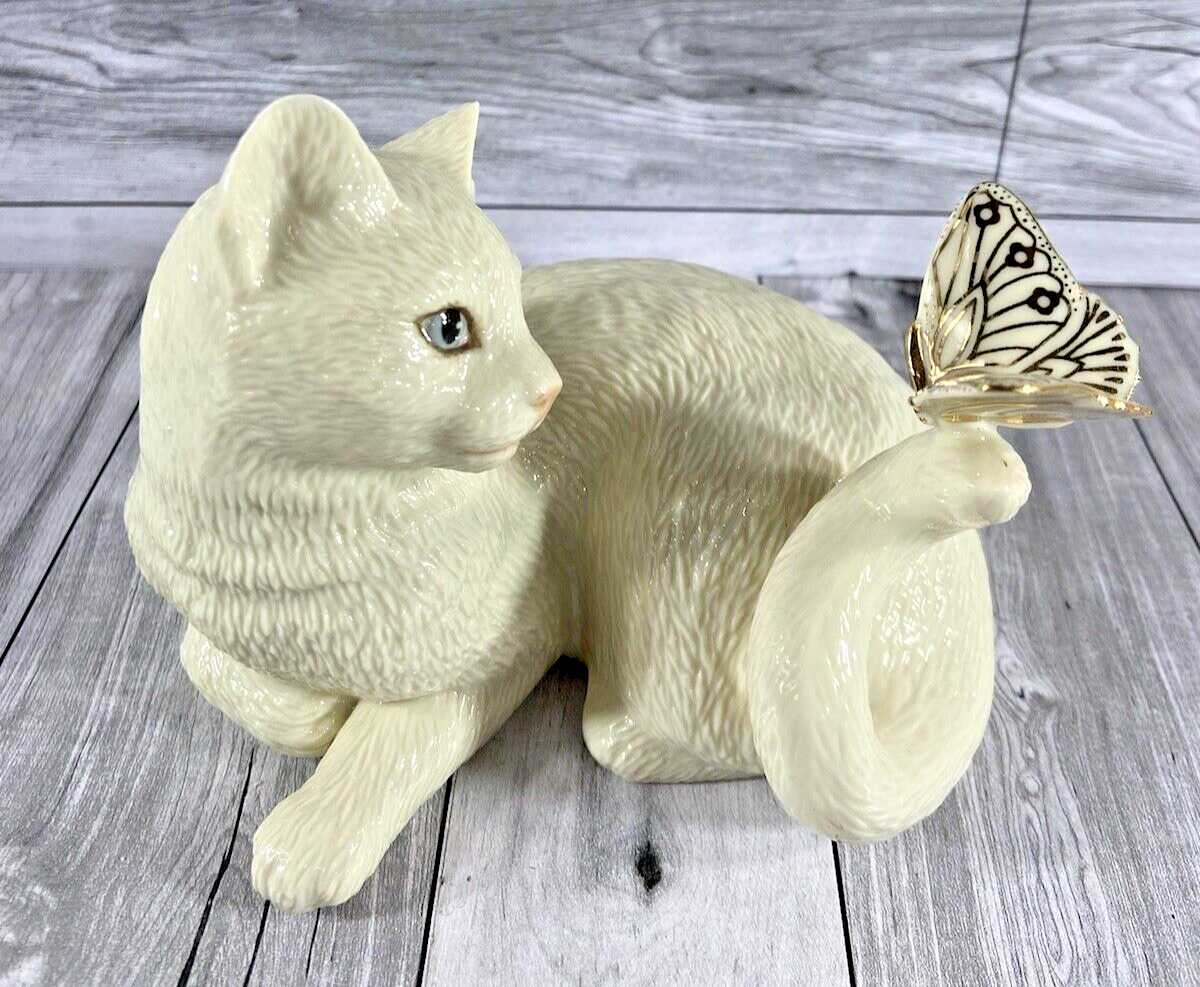 Lenox, White Cat, Blue eyes Figurine Enchantment - 24 K Gold Butterfly on Tail