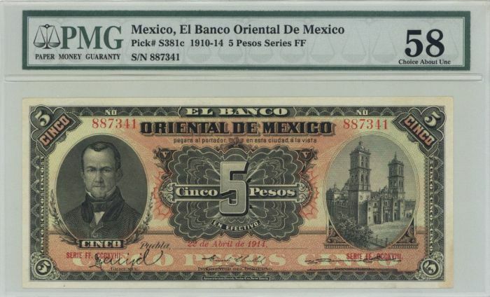 Mexico - El Banco Oriental De Mexico - 5 Pesos - P-S381c - 1914 dated Foreign Pa