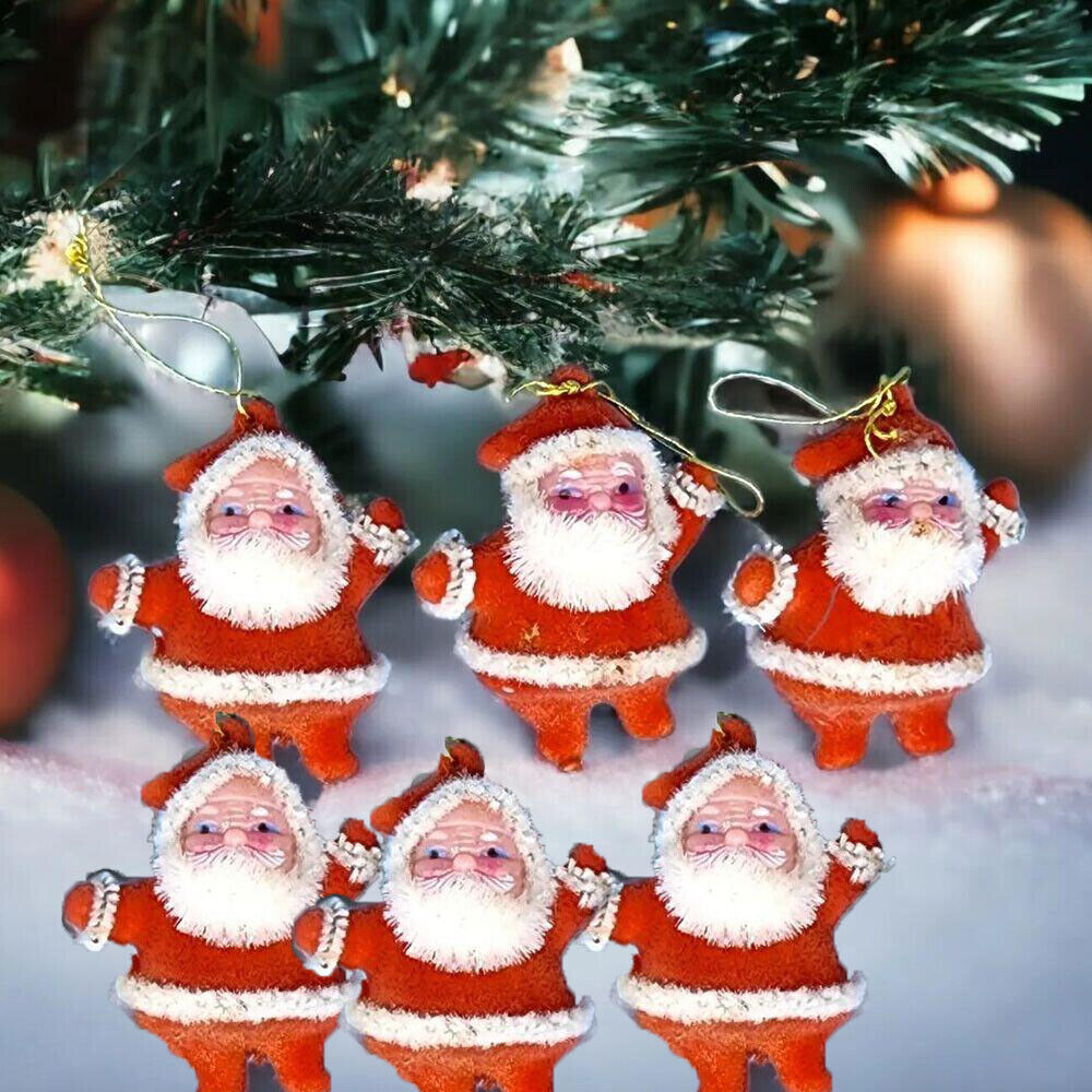 Vintage Miniature Flocked Dancing Santas Christmas Ornaments Lot Of 6 1950s new