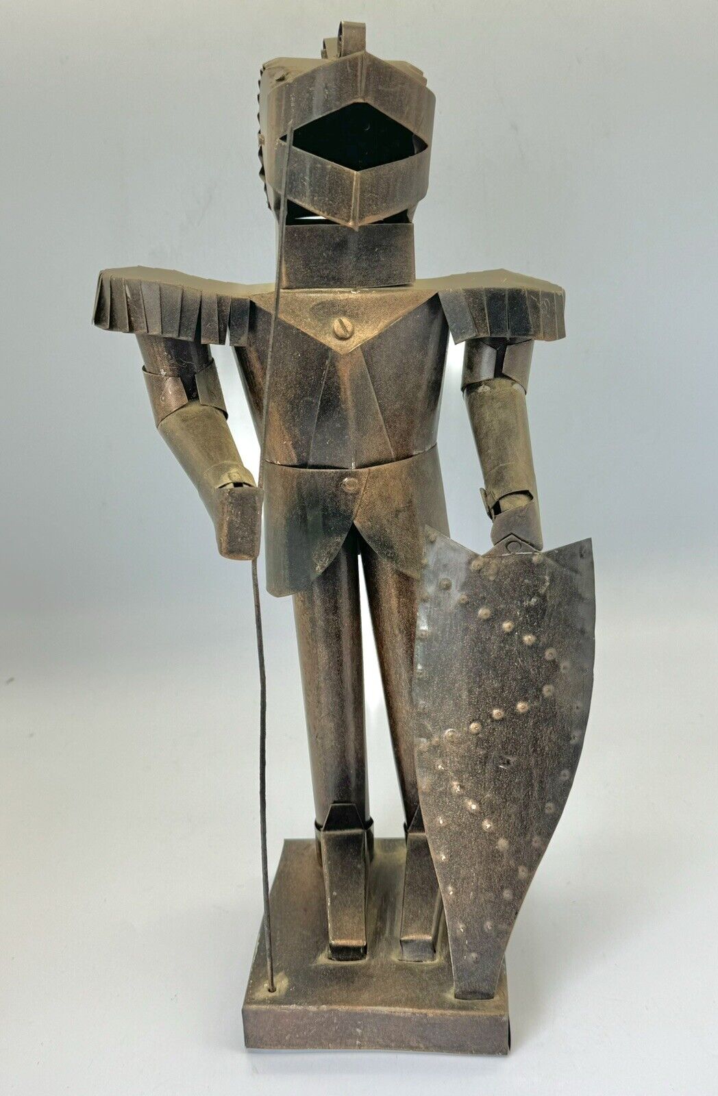 Vintage Knight in Armor Statue Medieval Tin Figurine 15” Tall Gothic Copper