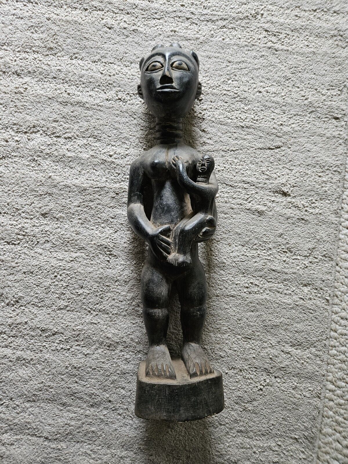 African Tribal Large Hand Carved Wood Mother Baby Figurine  Large White Eyes