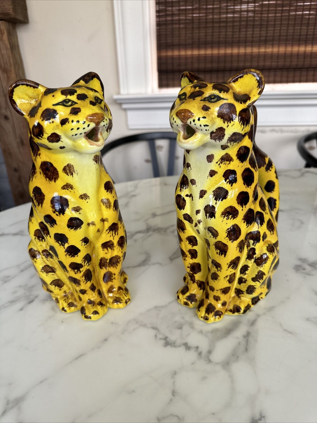 Pair Antique Hand Painted Italian Remo Ceramic Cheetah  / Pitchers Italy 1975